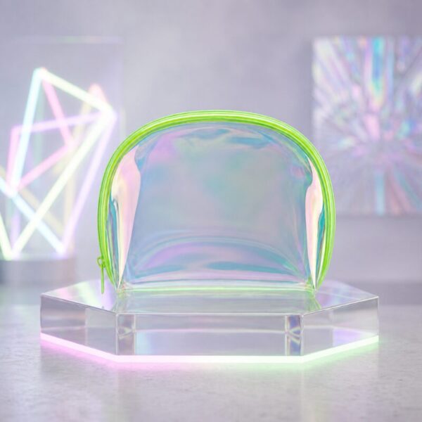 Neon Green Trim Holographic Half-Moon Cosmetic Bag