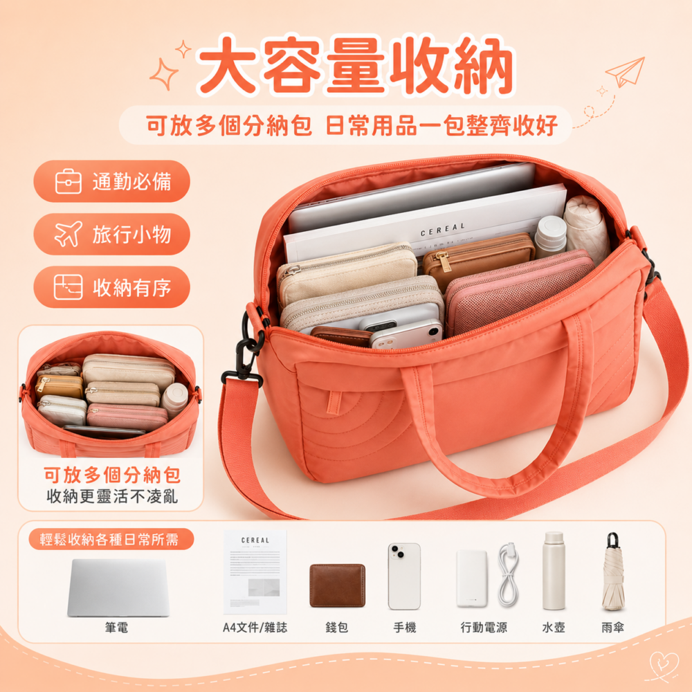 橘色輕量雲朵旅行托特包 | Orange Puffy Travel Tote Bag