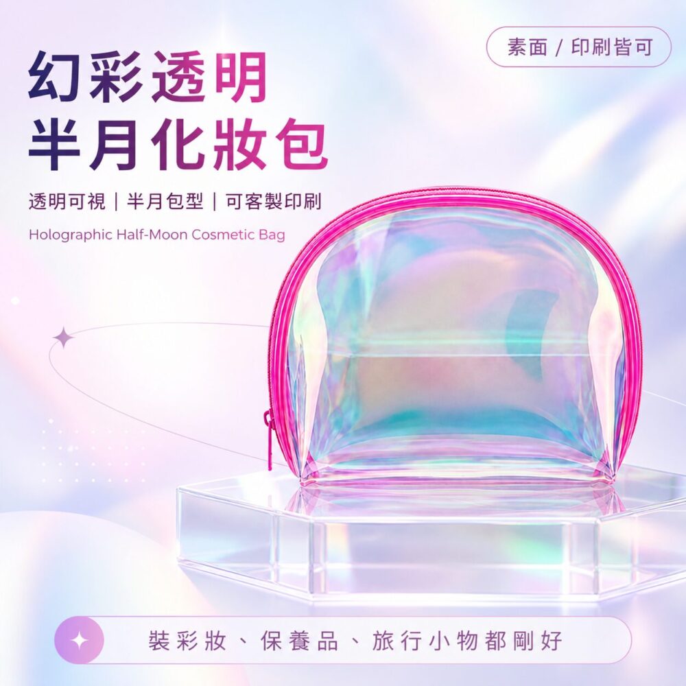 幻彩粉邊透明半月化妝包 | Pink Trim Holographic Half-Moon Cosmetic Bag
