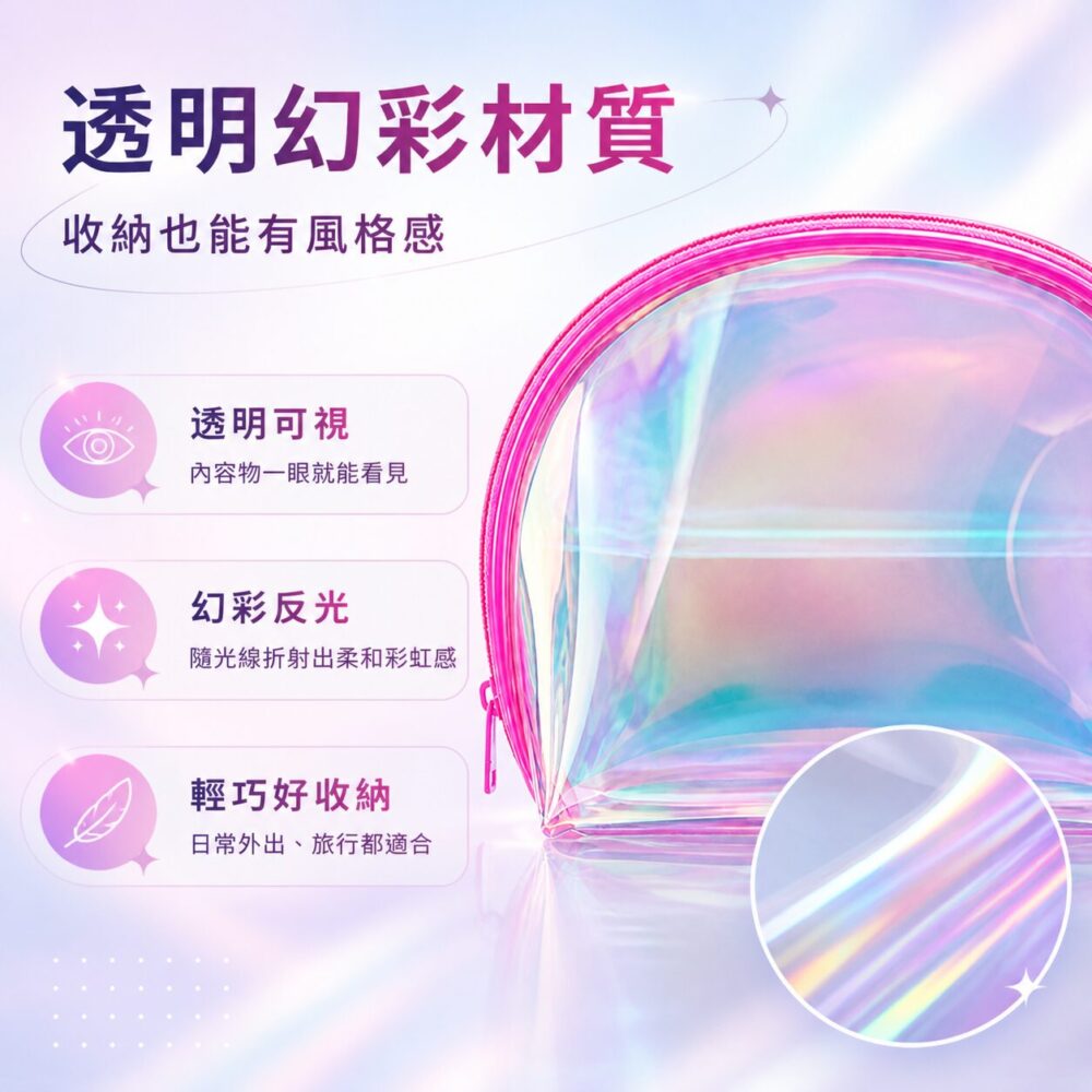 幻彩粉邊透明半月化妝包 | Pink Trim Holographic Half-Moon Cosmetic Bag
