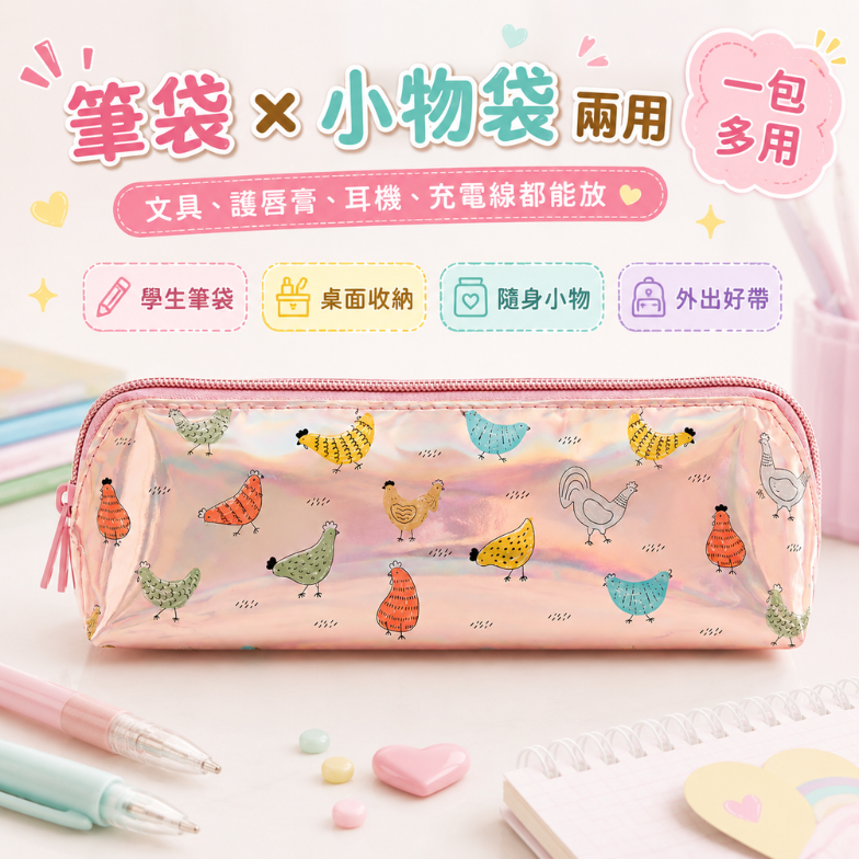 炫彩小雞長方筆袋｜Holographic Chicken Print Pencil Case