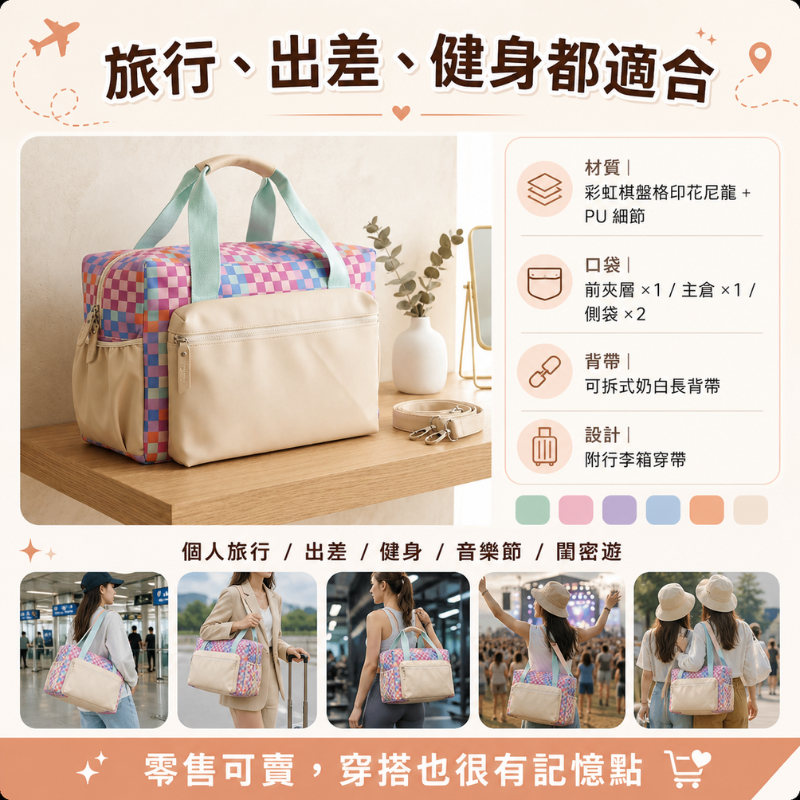 彩虹棋盤格旅行袋｜Rainbow Checker Duffle Bag