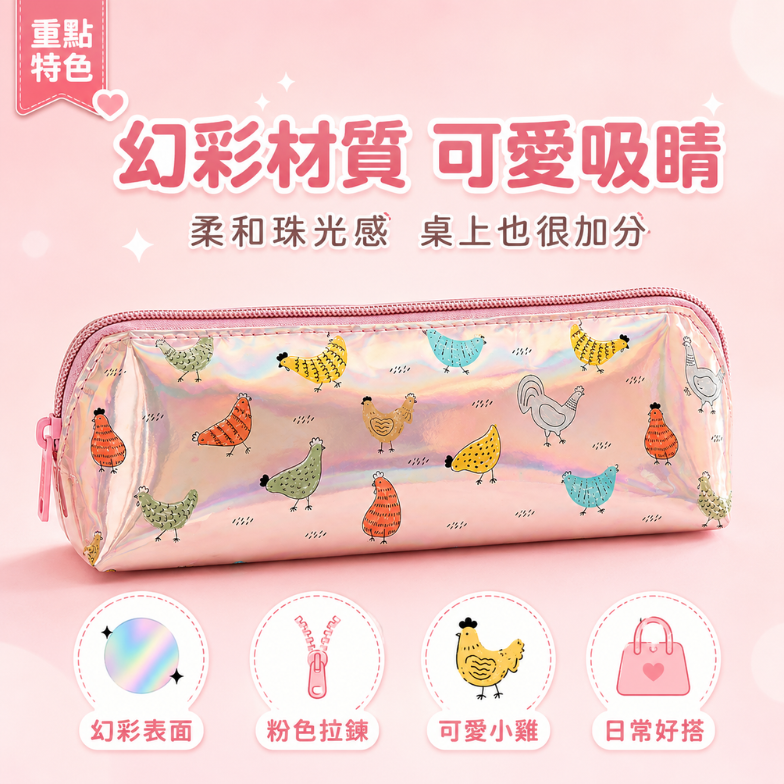炫彩小雞長方筆袋｜Holographic Chicken Print Pencil Case