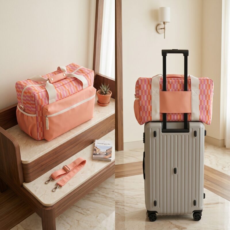 粉橘棋盤格旅行袋｜Peachy Checker Duffle Bag