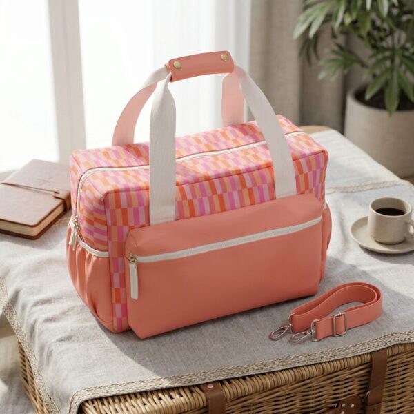 粉橘棋盤格旅行袋｜Peachy Checker Duffle Bag