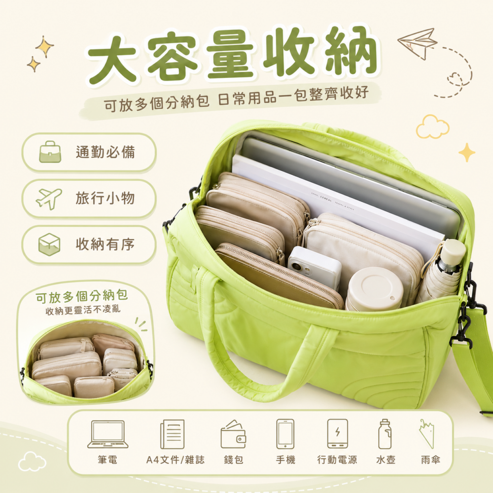 嫩綠色輕量雲朵旅行托特包｜Soft Green Puffy Travel Tote Bag