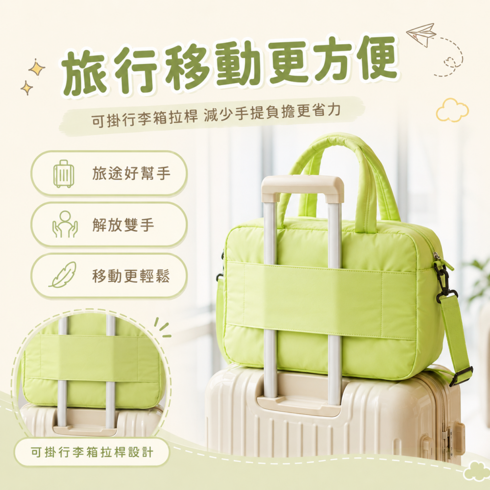 嫩綠色輕量雲朵旅行托特包｜Soft Green Puffy Travel Tote Bag